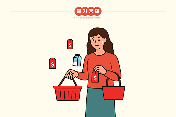 여자 일러스트 통계 그래프 생활 경제 쇼핑 세일 거래 물가 시장 소비 구매 가격 불안 고객 장바구니 고민 상승 가격표 슈퍼마켓 국내일러스트 AI파일 감정 컨셉 사람 풍경 바구니 상점 파일형식 벡터