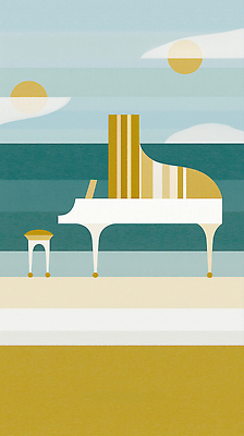 JPG 구름 디자인 예술 음악 바다 컬러 연주 벤치 일러스트 자연 하늘 휴식 풍경 해변 여름 태양 평화 금색 피아노 수평선 국내일러스트 AI일러스트 AI콘텐츠 자연요소 계절 컨셉 의자 문화예술 건반악기 생태계 파일형식