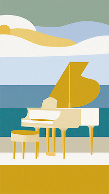 JPG 구름 디자인 예술 음악 바다 컬러 연주 의자 일러스트 자연 하늘 앉기 풍경 평화 고요 분위기 피아노 감성 조화 창의성 국내일러스트 AI일러스트 AI콘텐츠 자연요소 가구 컨셉 모션 문화예술 건반악기 생태계 파일형식