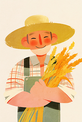 JPG 전통 농업 일러스트 가족 자연 웃음 사람 일상 여름 농작물 농장 환경 농사 기쁨 금색 수확 농부 밀 국내일러스트 AI일러스트 AI콘텐츠 직업 계절 감정 산업 컬러 관계 곡류 표정 라이프 생태계 파일형식