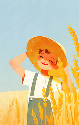 JPG 모자 행복 농업 일러스트 자연 하늘 건강 웃음 풍경 소년 초원 여름 농사 금색 수확 작업 농부 발굴 즐거움 키_신체 밀밭 국내일러스트 AI일러스트 AI콘텐츠 직업 잡화 계절 남자 감정 산업 어린이 컬러 밭 신체 표정 밀 생태계 파일형식