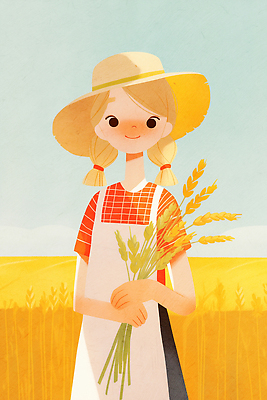 JPG 식물 전통 행복 백그라운드 농업 일러스트 자연 날씨 미소 웃음 풍경 소녀 여름 농작물 햇빛 농장 수확 보리 이삭 목가 국내일러스트 AI일러스트 AI콘텐츠 계절 여자 감정 산업 어린이 곡류 표정 태양 생태계 파일형식