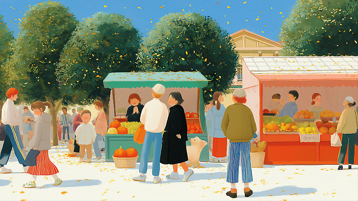 JPG 나무 커플 꽃잎 과일 일러스트 가족 모션 여러명 야외 친구 가을 시장 소비 즐거움 소통 가판대 생동감 맛있는 지역사회 국내일러스트 AI일러스트 AI콘텐츠 식물 계절 꽃 감정 다수 컨셉 관계 사람 파일형식