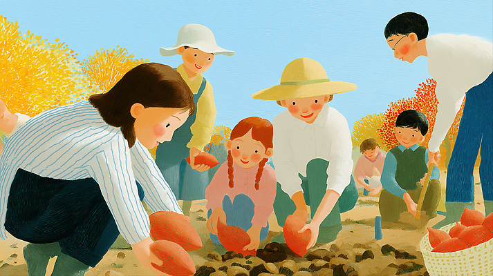 JPG 사계절 어린이 일러스트 가족 모션 자연 협력 웃음 풍경 성인 농작물 햇빛 농장 농사 흙 수확 가을 시간 즐거움 고구마 공동체 국내일러스트 AI일러스트 AI콘텐츠 계절 감정 농업 관계 뿌리채소 표정 사람 태양 생태계 파일형식