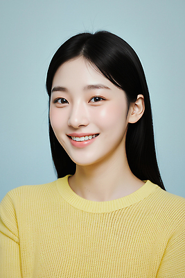 JPG 편집이미지 헤어스타일 여자 감정 포즈 표정 미소 사람 청춘 촬영 피부 즐거움 파란배경 밝은색 의료성형뷰티 스타일 편집실사 AI인물포토 AI콘텐츠 백그라운드 컨셉 신체부위 파란색 CG 파일형식 AI포토