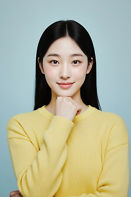 JPG 편집이미지 헤어스타일 여자 패션 포즈 표정 미소 사람 촬영 파란배경 턱 청순 의료성형뷰티 스타일 편집실사 AI인물포토 AI콘텐츠 백그라운드 컨셉 파란색 CG 파일형식 AI포토