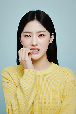 JPG 모델 편집이미지 여자 감정 포즈 백그라운드 손가락 표정 파란색 노란색 머리카락 머리 스웨터 불안 뷰티풀 의료성형뷰티 편집실사 AI인물포토 AI콘텐츠 손 컬러 상의 사람 신체부위 CG 파일형식 AI포토