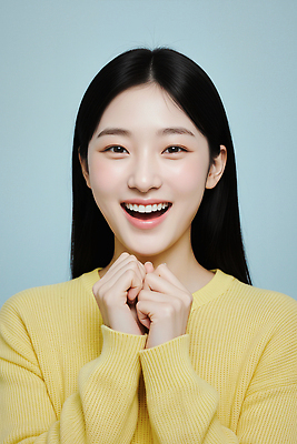 JPG 모델 편집이미지 여자 행복 미소 웃음 동양인 기쁨 한국인 양손 파란배경 초상화 의료성형뷰티 편집실사 AI인물포토 AI콘텐츠 손 감정 백그라운드 표정 사람 인종 파란색 CG 그림 파일형식 AI포토