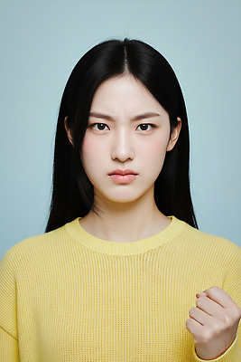 JPG 편집이미지 헤어스타일 여자 감정 표정 청춘 노란색 머리카락 분노 스웨터 파란배경 강렬 의료성형뷰티 편집실사 AI인물포토 AI콘텐츠 컬러 백그라운드 컨셉 상의 사람 파란색 머리 CG 파일형식 AI포토