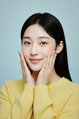 JPG 편집이미지 손 여자 감정 얼굴 포즈 하늘색 백그라운드 건강 미소 청춘 표현 뷰티풀 의료성형뷰티 편집실사 AI인물포토 AI콘텐츠 컨셉 표정 사람 신체부위 파란색 CG 파일형식 AI포토