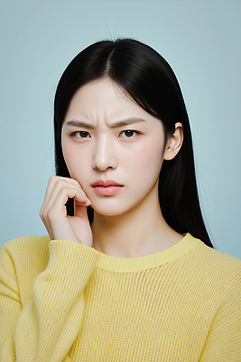JPG 모델 편집이미지 여자 감정 포즈 백그라운드 생각 표정 파란색 노란색 스웨터 집중 고민 소통 의료성형뷰티 스타일 편집실사 AI인물포토 AI콘텐츠 컬러 컨셉 상의 사람 CG 파일형식 AI포토