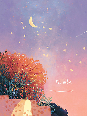 JPG 나무 별 예술 컬러 일러스트 자연 하늘 사랑 풍경 우주 달 가을 분위기 저녁 그림 감성 별빛 뷰티풀 환상 국내일러스트 AI일러스트 AI콘텐츠 자연요소 식물 계절 감정 컨셉 빛 야간 생태계 파일형식