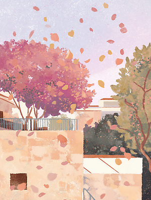 JPG 나무 식물 감정 여유 분홍색 컬러 이동 잎 일러스트 자연 바람 풍경 정원 고요 가을 변화 떨어짐 뷰티풀 순간 오후 국내일러스트 AI일러스트 AI콘텐츠 자연요소 계절 컨셉 날씨 생태계 파일형식