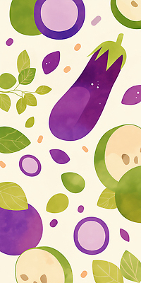 JPG 디자인 예술 컬러 백그라운드 패턴 채소 일러스트 자연 가지 여름 보라색 신선 풀잎 지중해 그림 유기농 채식 국내일러스트 AI일러스트 AI콘텐츠 웰빙 계절 바다 잎 무늬 풀_식물 생태계 파일형식