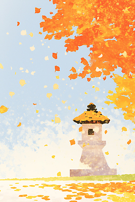 JPG 전통 문화 컬러 조각 여행 단풍 낙엽 잎 일러스트 자연 하늘 날씨 휴식 풍경 가을 석탑 뷰티풀 수목 청명 경관 국내일러스트 AI일러스트 AI콘텐츠 식물 계절 컨셉 탑 생태계 파일형식