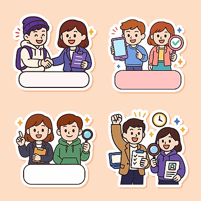 스티커 일러스트 모션 성공 협력 직장 기술 친구 태블릿 정보 체험 결과 긍정 취업준비생 소통 성격 국내일러스트 AI파일 컨셉 회사 관계 전자제품 스마트기기 구직 파일형식 벡터