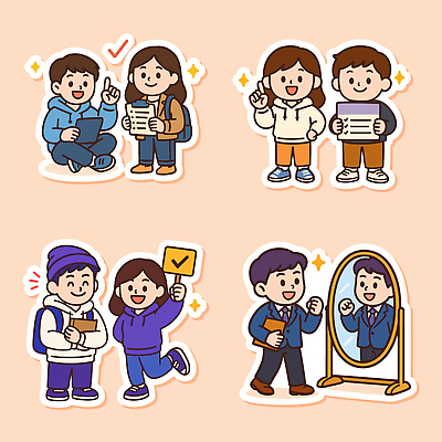 학생 스티커 일러스트 교실 학교 모션 성공 협력 웃음 친구 도전 성장 자신감 발표 목표 즐거움 취업준비생 격려 습관 자기계발 국내일러스트 AI파일 교육 감정 컨셉 관계 표정 구직 파일형식 벡터
