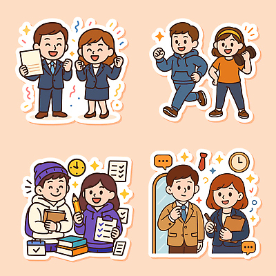 캐릭터 학생 옷 스티커 일러스트 학교 모션 성공 대화 웃음 책 친구 학습 사무실 달리기 운동 펜 시간 업무 중앙 문서 취업준비생 조용 국내일러스트 AI파일 교육 컨셉 비즈니스 관계 표정 건강 말하기 필기구 구직 작업 파일형식 벡터