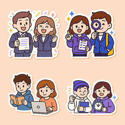스티커 일러스트 모션 성공 회의 커뮤니케이션 협력 아이디어 실험 미소 책 친구 노트북 학습 사무실 기쁨 정보 목표 토론 집중 문서 취업준비생 국내일러스트 AI파일 교육 감정 컨셉 비즈니스 관계 표정 전자제품 구직 파일형식 벡터