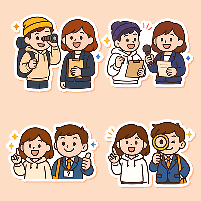 직업 캐릭터 옷 백그라운드 스티커 일러스트 모션 협력 표정 대화 미소 촬영 관찰 체험 분위기 즐거움 취업준비생 클릭 진행 소통 취재 국내일러스트 AI파일 감정 컨셉 말하기 구직 파일형식 벡터