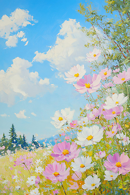 JPG 식물 꽃 예술 컬러 꽃밭 일러스트 자연 하늘 생명 풍경 초원 햇빛 정원 봄 코스모스 그림 화사함 뷰티풀 생동감 국내일러스트 AI일러스트 AI콘텐츠 계절 컨셉 태양 생태계 파일형식