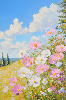 JPG 식물 꽃 컬러 일러스트 자연 하늘 생명 따뜻함 풍경 초원 초록색 파란색 태양 평화 봄 코스모스 그림 화사함 만개 뷰티풀 국내일러스트 AI일러스트 AI콘텐츠 자연요소 계절 컨셉 생태계 파일형식