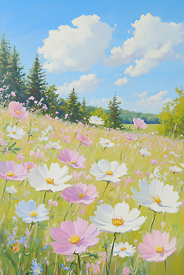 JPG 식물 구름 꽃 여유 꽃밭 일러스트 자연 하늘 생명 풍경 초원 초록색 여름 평화 마을 산책 코스모스 뷰티풀 국내일러스트 AI일러스트 AI콘텐츠 자연요소 계절 감정 컬러 컨셉 휴식 생태계 파일형식