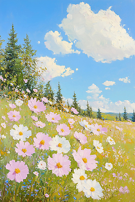 JPG 식물 구름 꽃 예술 컬러 일러스트 자연 하늘 생명 풍경 초원 여름 햇빛 평화 튤립 그리기 코스모스 그림 뷰티풀 국내일러스트 AI일러스트 AI콘텐츠 자연요소 계절 컨셉 모션 태양 생태계 파일형식