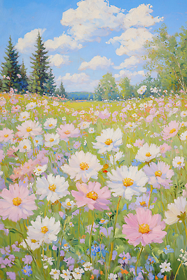 JPG 나무 구름 계절 꽃 꽃밭 일러스트 자연 하늘 풍경 초원 초록색 햇빛 평화 봄 들꽃 시골 코스모스 화사함 만개 뷰티풀 국내일러스트 AI일러스트 AI콘텐츠 자연요소 식물 컬러 컨셉 태양 생태계 파일형식