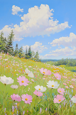 JPG 나무 식물 구름 응시 계절 꽃 일러스트 자연 하늘 생명 풍경 초원 야외 초록색 여름 평화 코스모스 화사함 뷰티풀 색감 국내일러스트 AI일러스트 AI콘텐츠 자연요소 시선 컬러 컨셉 생태계 파일형식