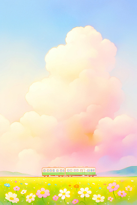 JPG 구름 컬러 여행 이동 꽃밭 일러스트 자연 하늘 산 풍경 일상 여름 파란색 노란색 평화 기찻길 기차 뷰티풀 색감 국내일러스트 AI일러스트 AI콘텐츠 자연요소 계절 꽃 육상교통 컨셉 대중교통 라이프 생태계 파일형식