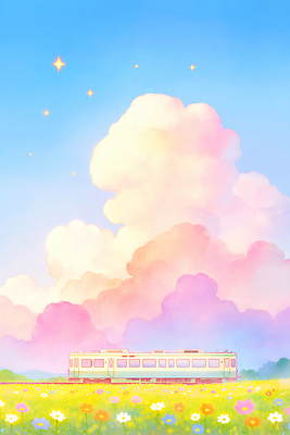 JPG 구름 행복 컬러 여행 하늘색 꽃밭 일러스트 자연 필드 풍경 일상 여름 파란색 평화 일출 기차 장면 뷰티풀 색감 국내일러스트 AI일러스트 AI콘텐츠 자연요소 계절 꽃 감정 육상교통 컨셉 대중교통 라이프 노을 생태계 파일형식