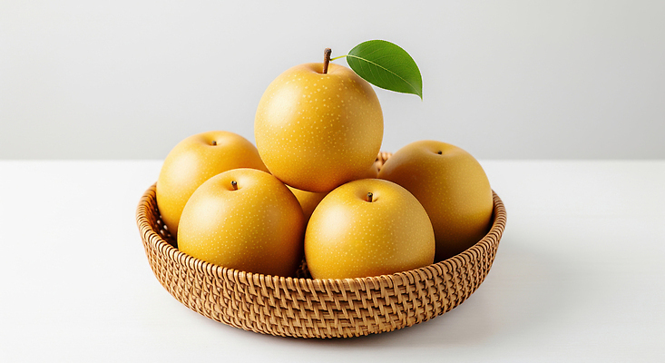 JPG 편집이미지 잎 과일 식탁 탁자 디저트 한국 노란색 바구니 식사 신선 배 원형 건강식 편집실사 AI포토 AI콘텐츠 도형 식물 아시아 음식 컬러 가구 CG 파일형식