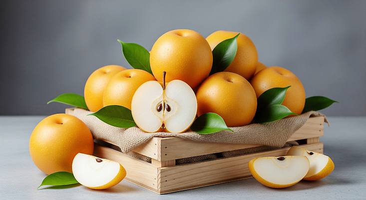 JPG 편집이미지 잎 식재료 자연 식탁 디저트 농작물 배 크기 나무상자 제철과일 편집실사 AI포토 AI콘텐츠 식물 음식 농업 과일 탁자 상자 CG 생태계 제철 파일형식