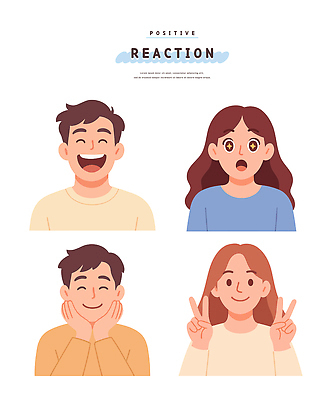 캐릭터 행복 감정 얼굴 일러스트 표정 미소 웃음 사람 놀람 기쁨 소통 상호작용 국내일러스트 AI파일 컨셉 신체부위 파일형식 벡터
