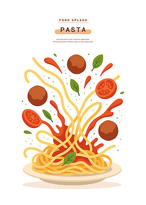 접시 음식 토마토 일러스트 파스타 스파게티 요리 식사 신선 면류 양념 미트볼 향신료 서빙 레시피 바질 건강식 맛있는 국내일러스트 AI파일 식기 채소 서양음식 향미료 파일형식 벡터