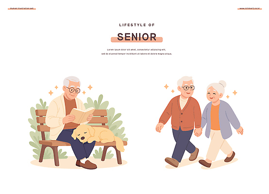 공원 노년 행복 감정 여유 벤치 일러스트 모션 함께함 건강 사랑 웃음 일상 독서 소풍 정원 노부부 산책 강아지 치매 노화 국내일러스트 AI파일 부부 공공시설 컨셉 의자 휴식 표정 성인 라이프 반려동물 야외활동 개 질병 파일형식 벡터