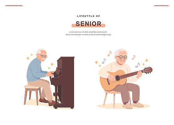 라이프스타일 노년 행복 감정 여유 음악 연주 일러스트 노래 손가락 앉기 기타 표현 시간 피아노 즐거움 활기 참여 차분 국내일러스트 AI파일 손 컨셉 모션 현악기 문화예술 성인 생활 건반악기 파일형식 벡터