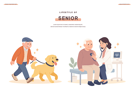 라이프스타일 노년 행복 일러스트 의학 모션 건강 일상 치료 친구 운동 산책 진료 의사 개 보호 편안함 상담 안부 치료사 국내일러스트 AI파일 직업 감정 컨셉 포유류 관계 휴식 성인 라이프 생활 의료진 감각 파일형식 벡터