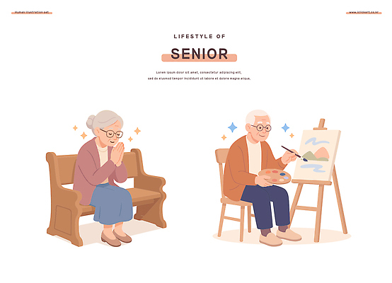 직업 노년 행복 감정 예술 일러스트 모션 취미 라이프 노부부 감상 시간 그리기 즐거움 소통 창의성 국내일러스트 AI파일 부부 컨셉 성인 생활 파일형식 벡터
