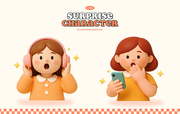 PSD 편집이미지 캐릭터 디자인 여자 감정 친구 스마트폰 귀여움 주황색 헤드폰 놀람 표현 부드러움 소셜 편집3D 컬러 음향기기 컨셉 관계 표정 사람 핸드폰 스마트기기 3D 감각 파일형식