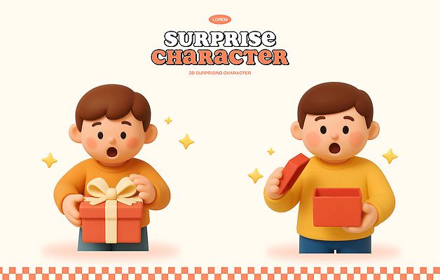 PSD 편집이미지 캐릭터 디자인 표정 선물 장식 상자 놀람 기쁨 색감 편집3D 감정 3D 파일형식