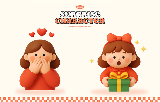 PSD 편집이미지 캐릭터 행복 감정 크리스마스 상상 동화 표정 선물 소녀 놀람 기쁨 축하 생일 색감 편집3D 여자 기념일 어린이 컨셉 3D 파일형식
