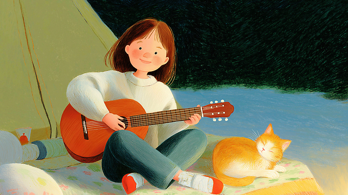 JPG 음악 일러스트 자연 휴식 소녀 취미 야외 일상 친구 반려동물 고양이 캠핑 탐험 기타 저녁 숲 편안함 즐거움 감성 국내일러스트 AI일러스트 AI콘텐츠 동물 여자 감정 어린이 컨셉 포유류 관계 현악기 레저 문화예술 라이프 감각 야간 생태계 파일형식