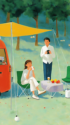 JPG 나무 커플 여유 음료 과일 일러스트 자연 탁자 휴식 대화 야외 여름 소파 햇빛 소풍 캠핑 파라솔 숲 편안함 즐거움 오후 국내일러스트 AI일러스트 AI콘텐츠 식물 계절 감정 가구 컨셉 의자 관계 레저 말하기 태양 야외활동 감각 생태계 파일형식