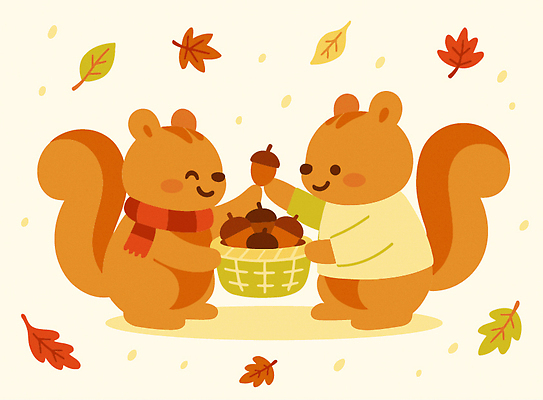 모양 나무 동물 캐릭터 열매 컬러 일러스트 모션 자연 따뜻함 웃음 풍경 친구 바구니 귀여움 가을 생태 즐거움 다람쥐 도토리 나누기 국내일러스트 AI파일 식물 계절 감정 컨셉 관계 표정 견과류 설치류 생태계 파일형식 벡터