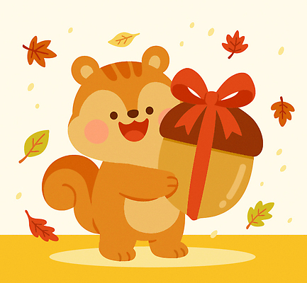 나무 동물 캐릭터 행복 리본 컬러 낙엽 일러스트 포장 자연 생명 표정 선물 사랑 풍경 귀여움 주황색 가을 소중 다람쥐 국내일러스트 AI파일 식물 계절 감정 컨셉 잎 설치류 생태계 파일형식 벡터