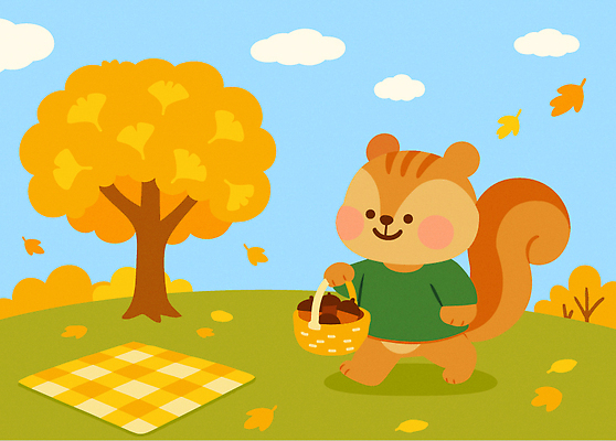 나무 동물 컬러 일러스트 자연 하늘 생명 나뭇잎 털 풍경 잔디 소풍 노란색 바구니 귀여움 식사 산책 가을 떨어짐 즐거움 다람쥐 국내일러스트 AI파일 식물 계절 감정 컨셉 잎 휴식 야외활동 설치류 생태계 파일형식 벡터
