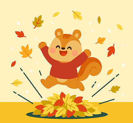 캐릭터 열매 감정 컬러 백그라운드 낙엽 일러스트 자연 놀이 풍경 점프 기쁨 가을 숲 즐거움 생태계 다람쥐 반응 국내일러스트 AI파일 식물 계절 잎 모션 설치류 파일형식 벡터