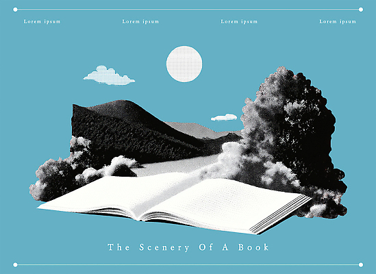 PSD 나무 예술 백그라운드 일러스트 자연 하늘 산 풍경 그래픽 책 파란색 독서 평화 자유 뷰티풀 상상력 창의력 풍경화 국내일러스트 식물 컬러 컨셉 그림 생태계 파일형식